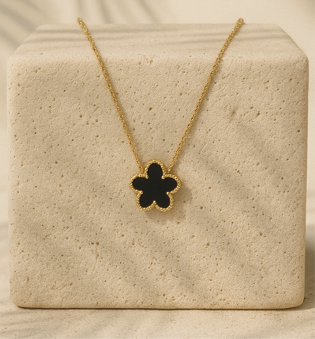 Gold Necklace with Black Floral Charm